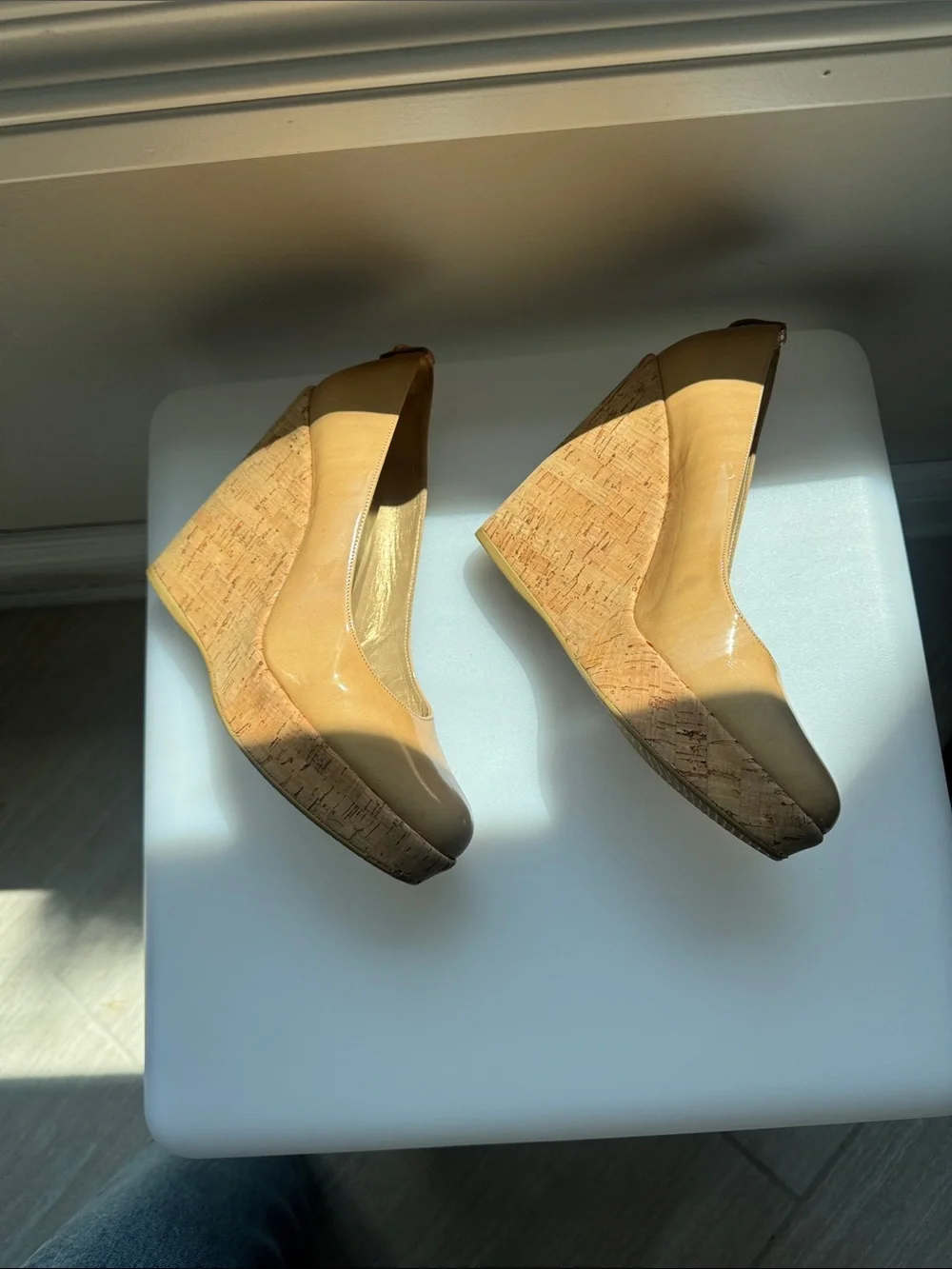 Stuart Weitzman Beige Patent Cork Wedge Pumps